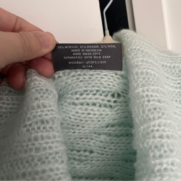 Wooden Ships Teal Green Poncho Sweater Turtleneck Open Knit Wool - Picture 3 of 4